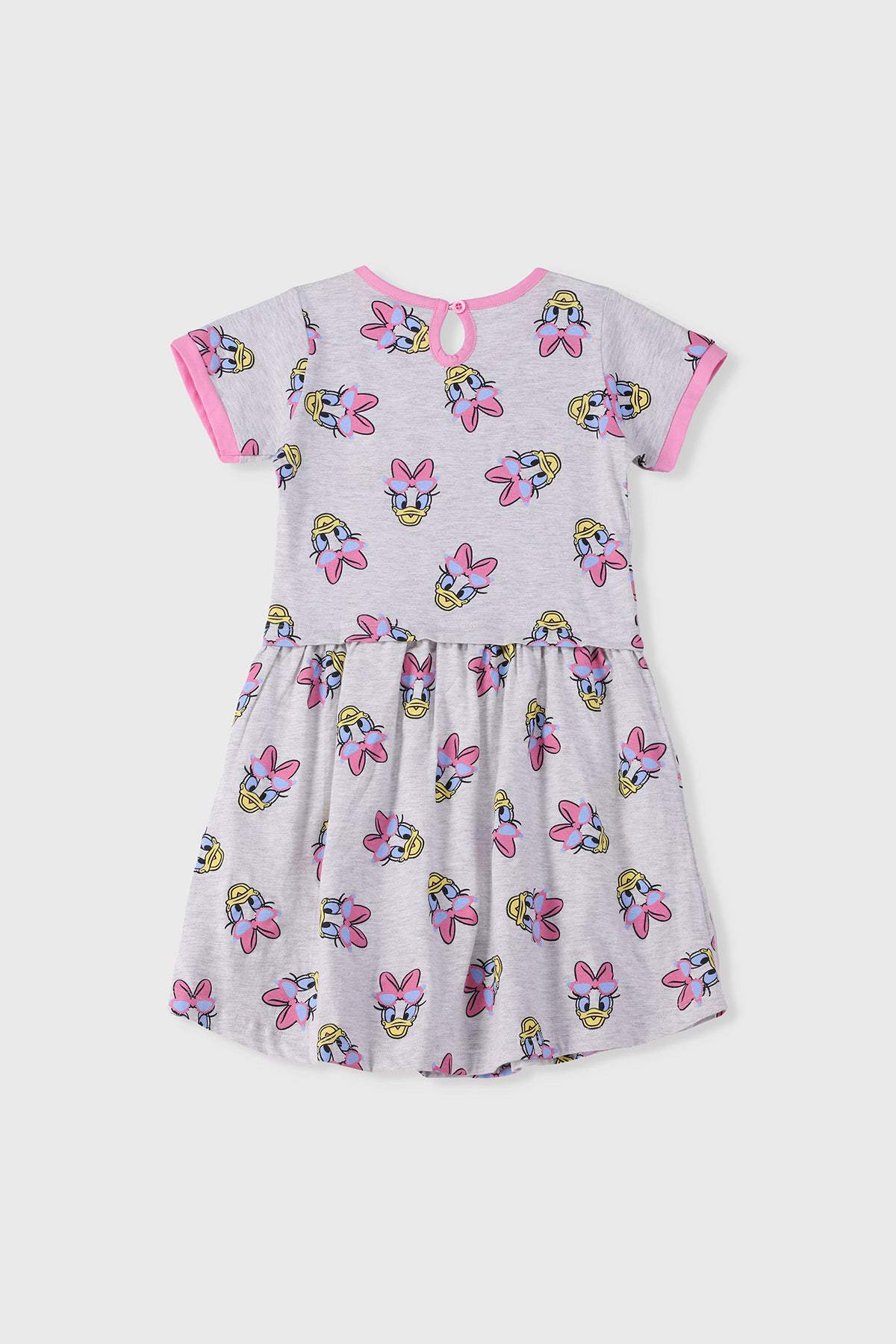 DISNEY character print baby dress with pink collar trim, multicolor characters