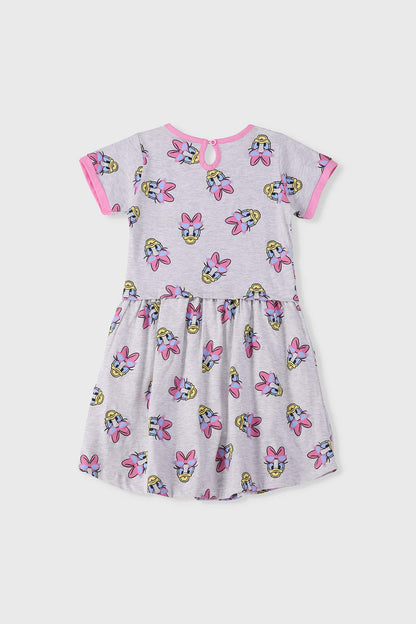 DISNEY character print baby dress with pink collar trim, multicolor characters