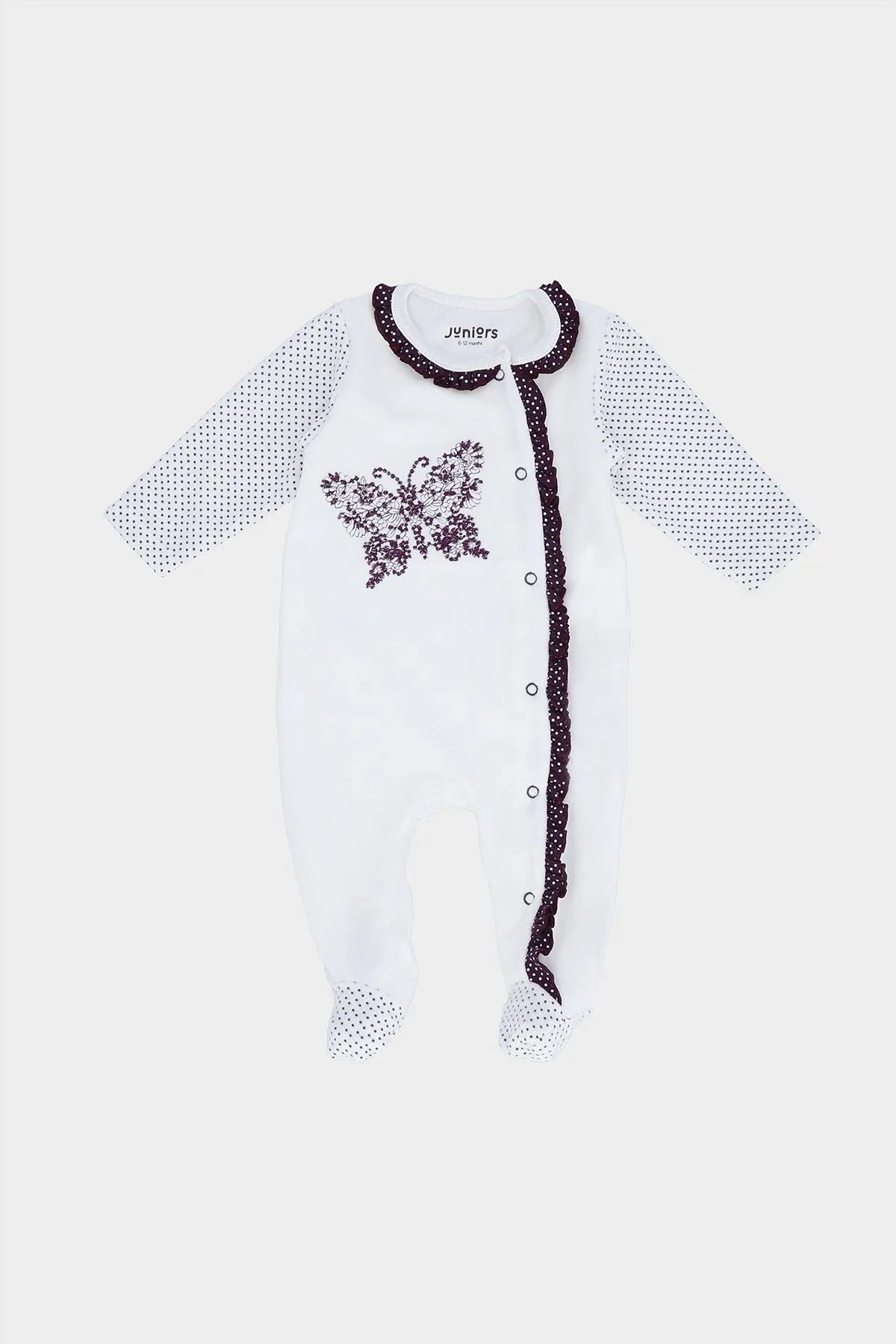 White footed baby onesie with purple button placket and floral butterfly print