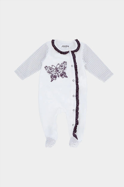 White footed baby onesie with purple button placket and floral butterfly print