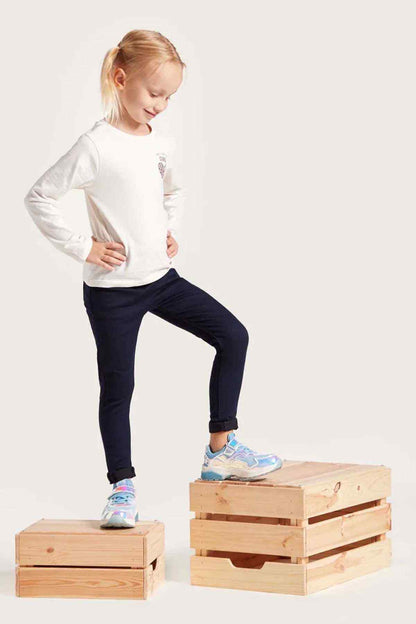 Dark navy kids' pants with slim fit and elastic waistband