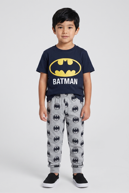 Navy T-shirt with Batman emblem and gray Batman-print jogger pants