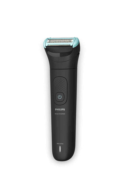 Black Philips electric trimmer with blue accent top head and power button