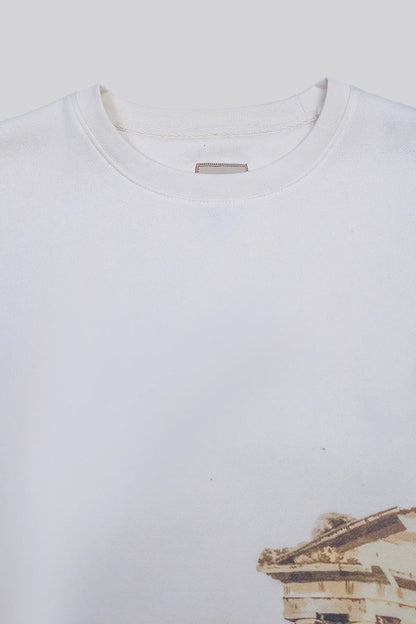 Off-white sweatshirt neckline with brand tag and partial temple print