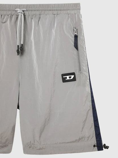 Light gray shorts with elastic waist, drawstring ties, front zip pocket, side stripe