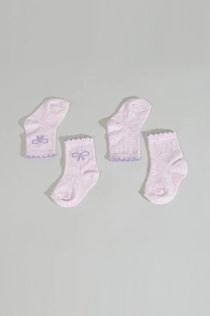Set of pink baby socks, scalloped cuffs with bow and trim