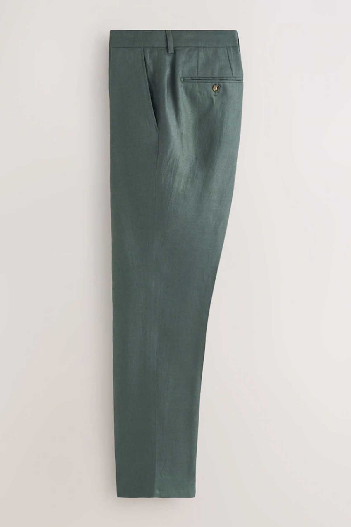 Men's green suit trousers with straight leg and single back pocket