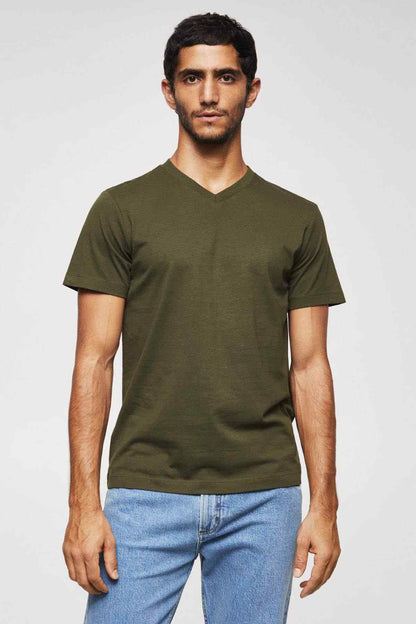MANGO khaki V-neck T-shirt on model, short sleeves