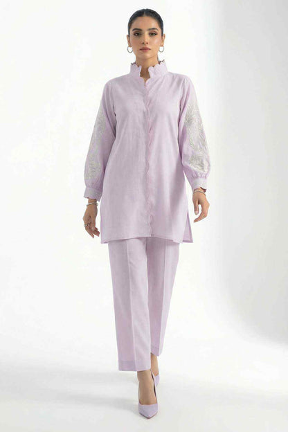 Lilac long kurta with stand collar, long cuffs, and straight lilac pants set