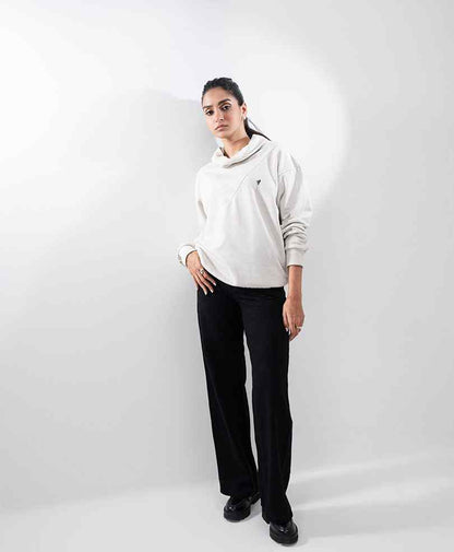 Fitted off-white hoodie with hood and long sleeves, full body view