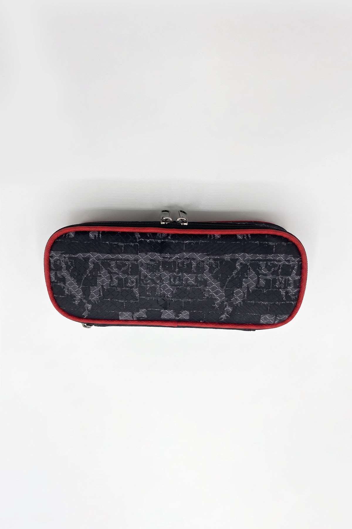 Monster Truck pencil case back with subtle gray print, red zipper trim