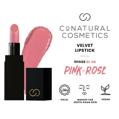 Velvet lipstick with black case and tube, shade BL06 Pink-Rose