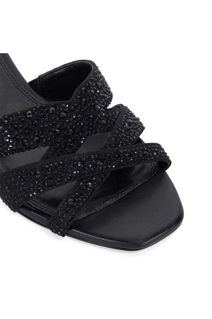 Black open-toe mule with rhinestone straps and black leather footbed