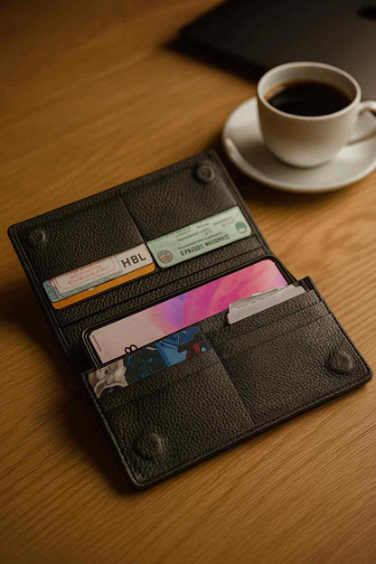 Black leather wallet open with cards, ID window, and inner pockets.