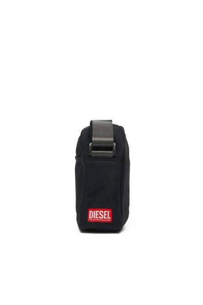 Diesel black crossbody bag with red Diesel logo patch and webbing belt