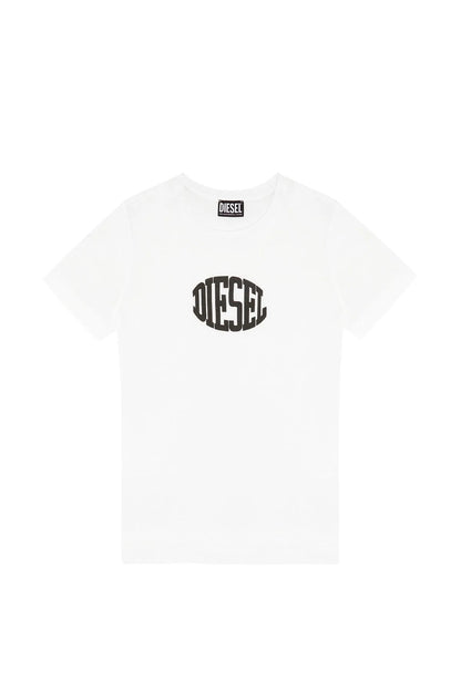 Off-white crewneck T-shirt with centered black logo graphic