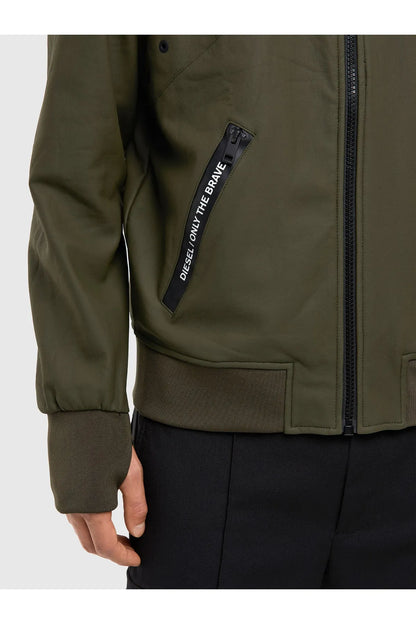 Diesel olive green jacket sleeve with printed strap detail and zip front