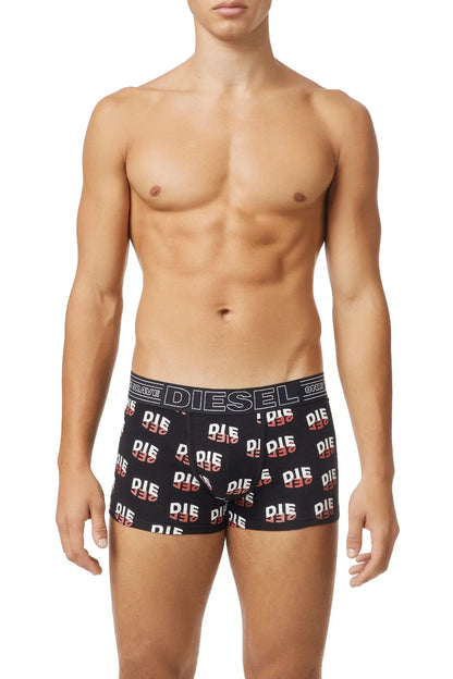 Men's Diesel black boxer briefs with repeating DIE logo pattern.