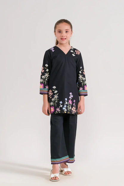 Kids black floral V-neck tunic and matching pants set, striped sleeve and hem cuffs