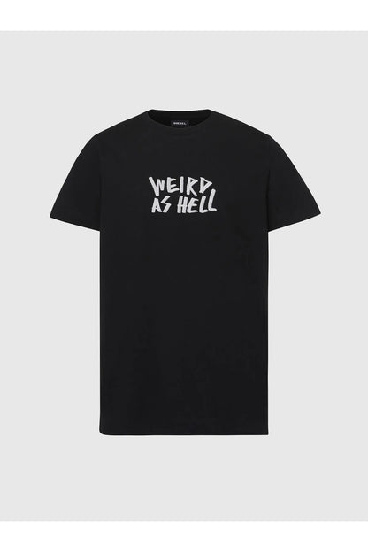 Black crew-neck T-shirt with 'WEIRD AS HELL' chest graphic