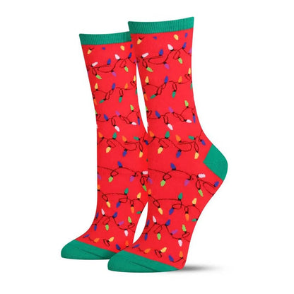 Red novelty socks with multicolor string lights, green toe/heel and green cuff