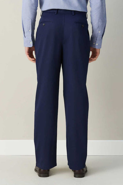 Navy suit trousers, front view with belt loops and side pockets