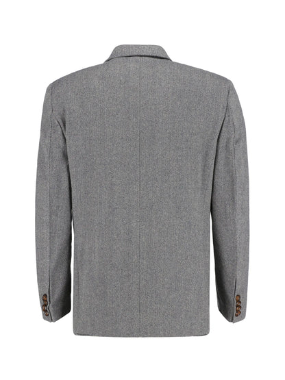 Grey wool-cashmere blazer back view, single vent, buttoned cuffs