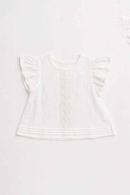 Cream baby girls' embroidered front top with ruffle sleeves
