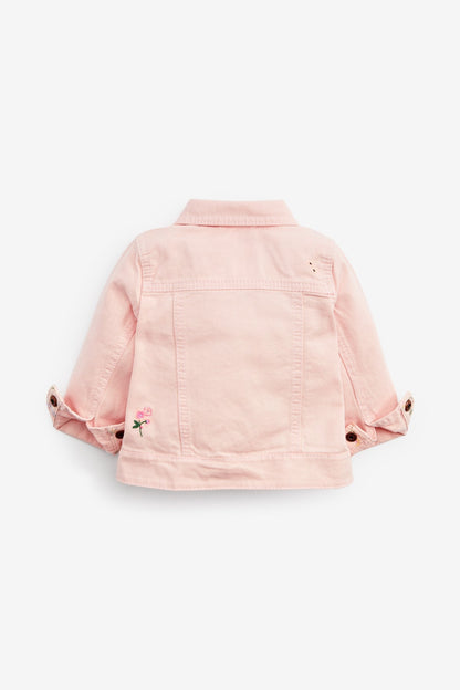 Pink denim jacket with floral embroidery, button front and collar