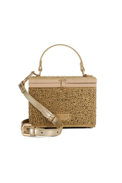Gold studded top-handle handbag with front clasp and detachable crossbody strap
