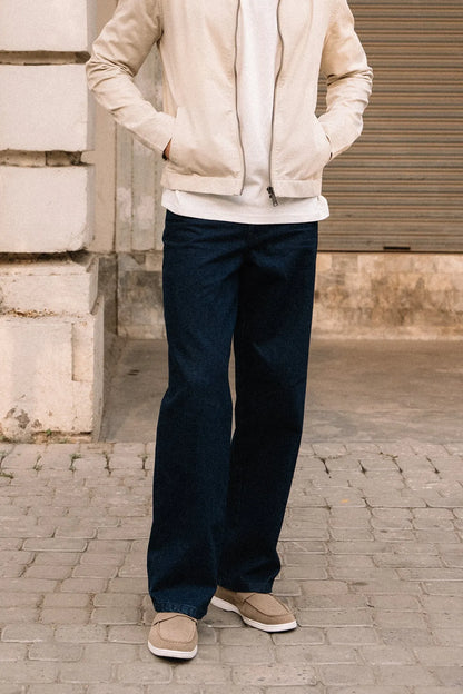 Dark blue wide-straight jeans, full-length with clean hem
