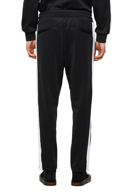 Black jogger pants back view with elastic waistband and side stripes