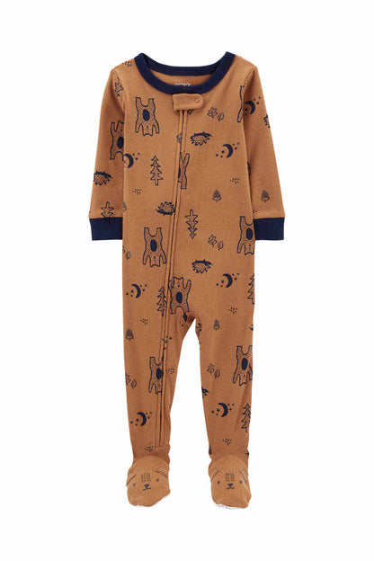 CARTER'S printed tan long-sleeve footed pajama with navy animal and moon graphics