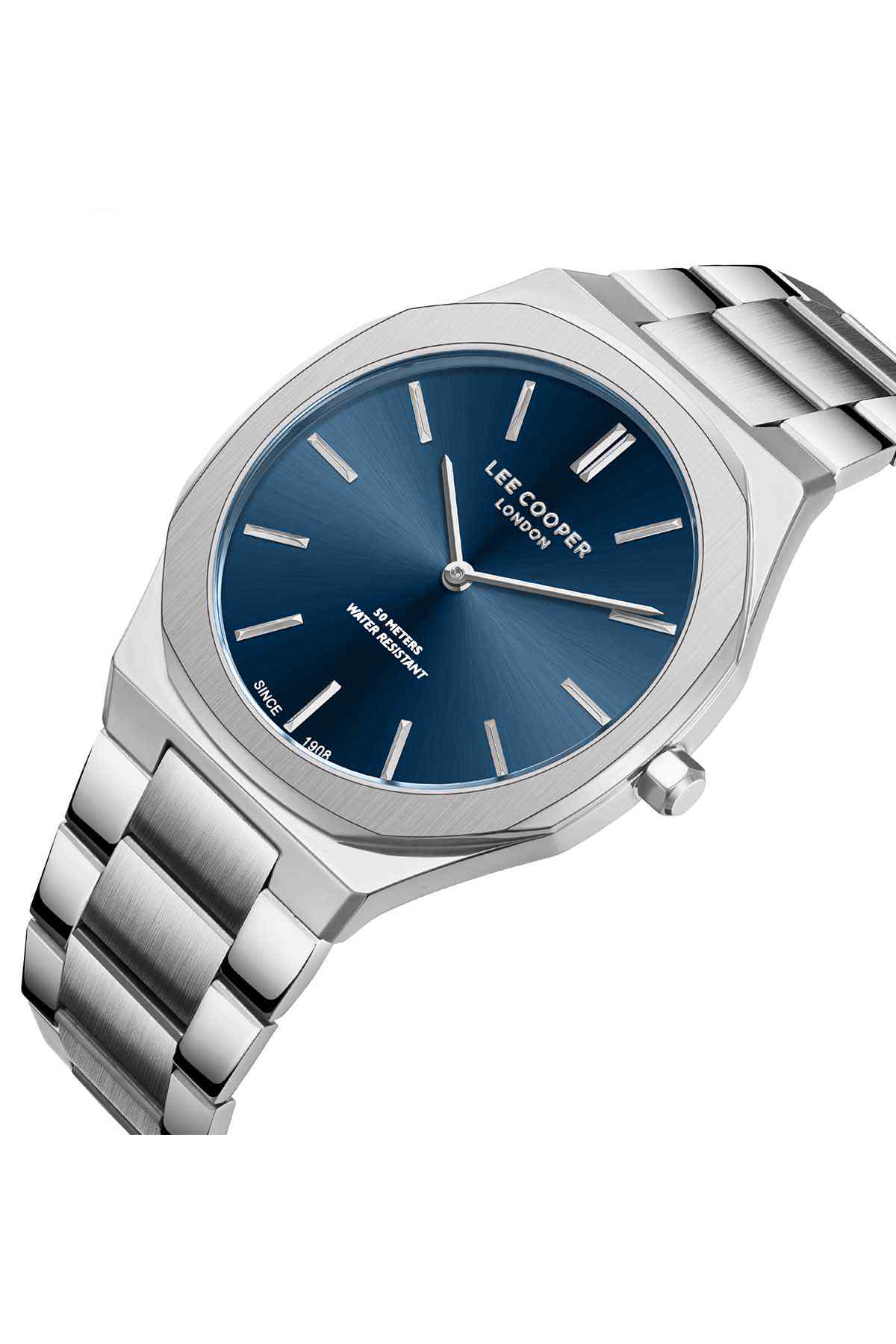 Silver steel wristwatch with blue dial, baton markers, and crown on right