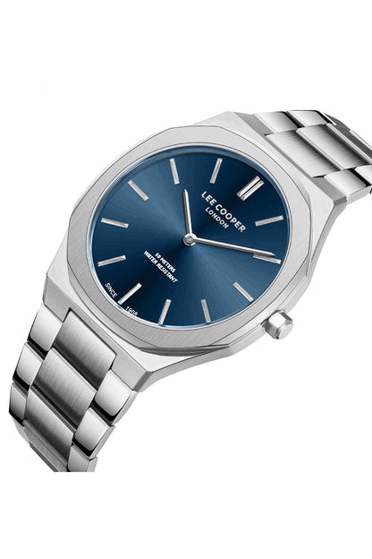 Silver steel wristwatch with blue dial, baton markers, and crown on right