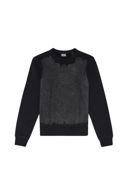 Diesel black crewneck sweatshirt, front view with faded oval logo graphic