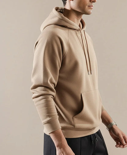 Beige fitted pullover hoodie, side view with drawstring hood and kangaroo pocket