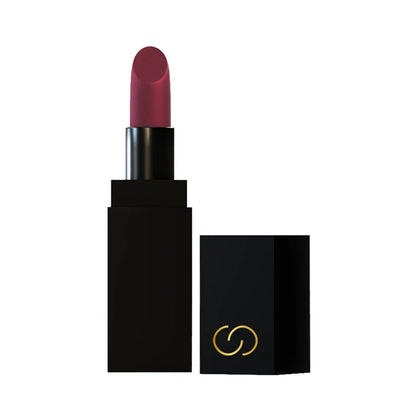 Velvet lipstick with dark plum bullet and black case, matte finish