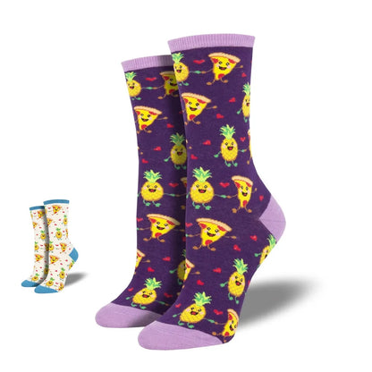 Purple crew socks with pineapple and taco pattern, lavender cuffs and toes