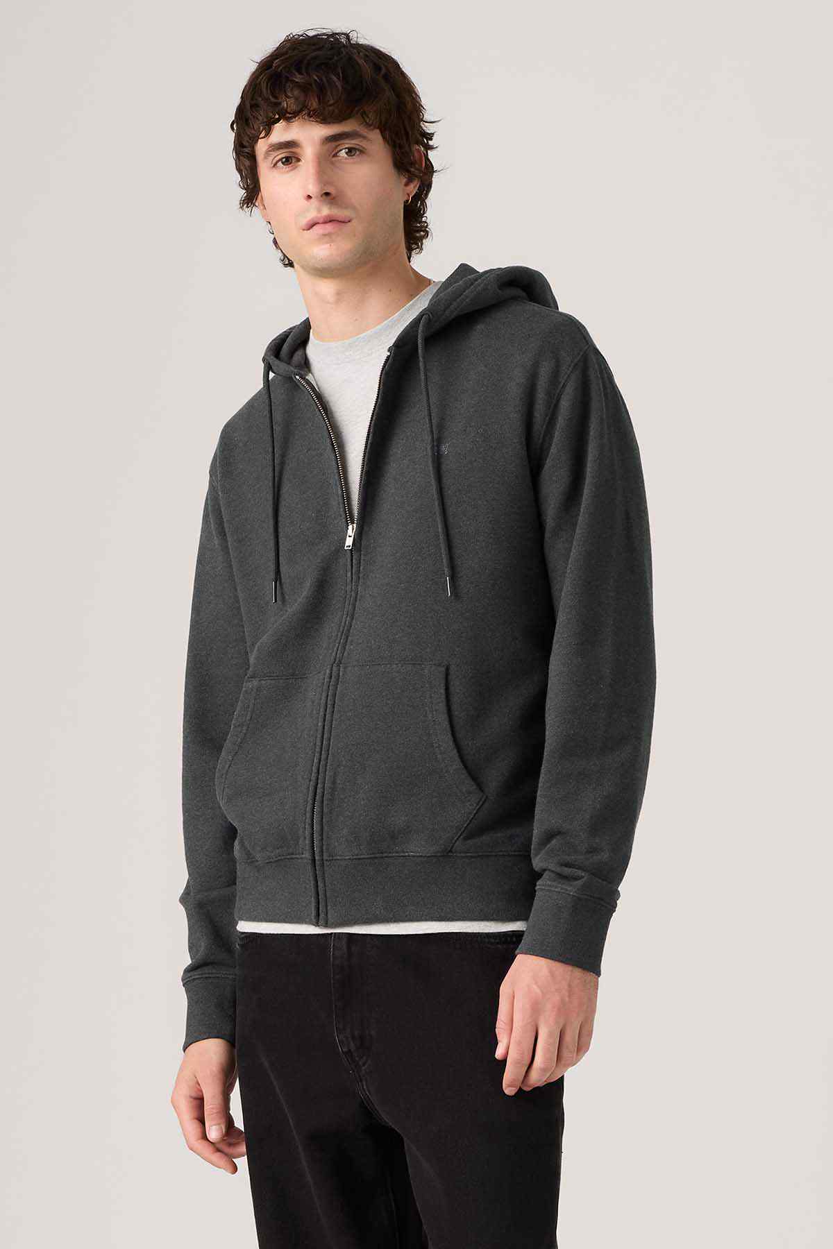Charcoal zip-up hoodie with drawstring hood, kangaroo pocket, ribbed cuffs