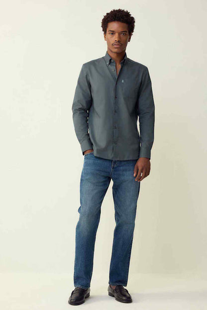 Men's petrol blue long-sleeve button-up shirt with regular collar
