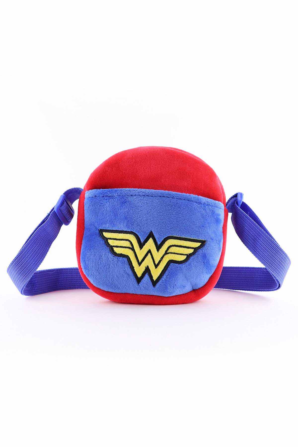 Round plush mini crossbody bag with blue strap and yellow Wonder Woman emblem