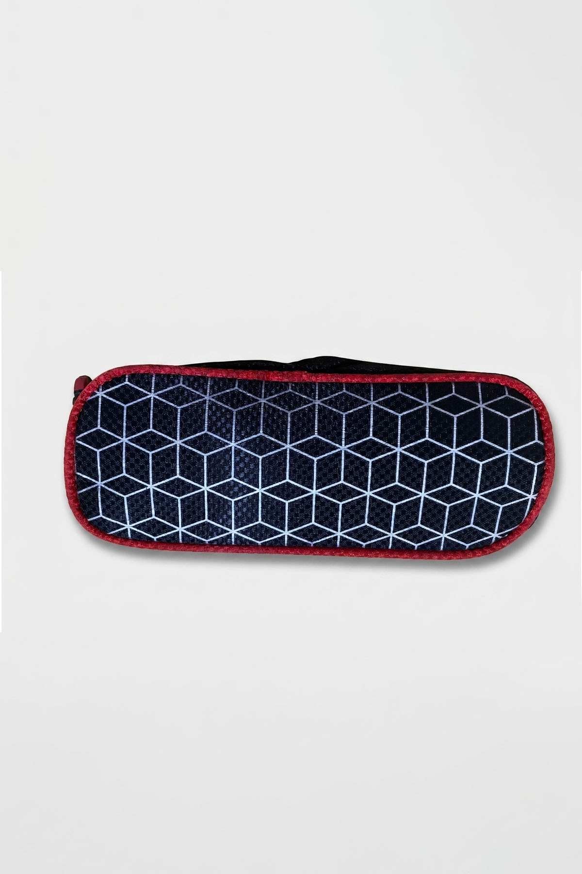 Kids' zip pencil case with black geometric grid pattern and red trim, side view