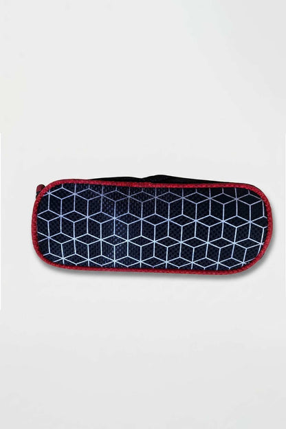 Kids' zip pencil case with black geometric grid pattern and red trim, side view