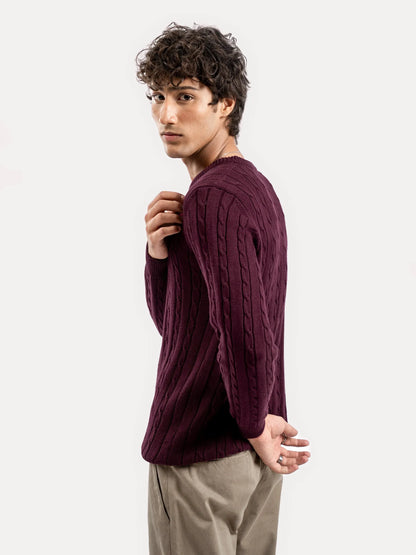 Brumano burgundy cotton cable knit sweater, side view