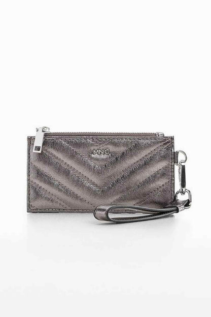Dark silver metallic crossbody mini bag with top zipper, MNG logo, and wrist strap