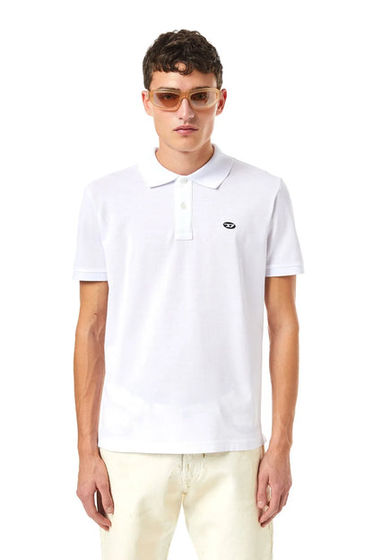 White polo shirt, collared button front with small oval chest logo