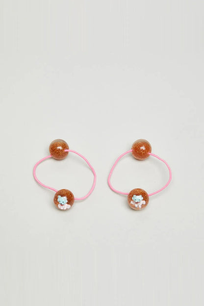 Pair of kids glitter bead hair ties with pink elastic and bunny charms