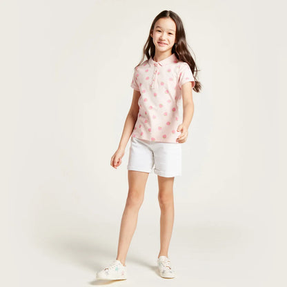 Kids pink strawberry print polo shirt with collar and button placket