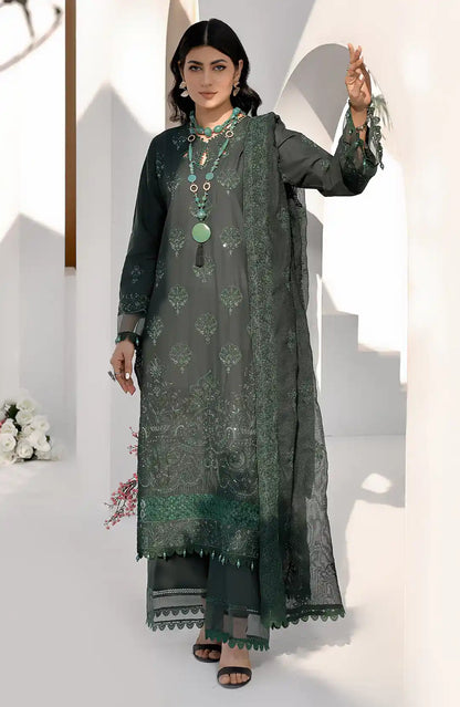 Bottle green long embroidered kurta with V-neck, scalloped hemline, sheer outer layer